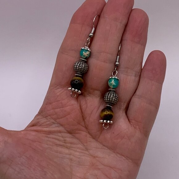 Tiger's Eye Sea Sediment Gemstone Bead Handmade Pierced Earrings LR129 - Picture 4 of 4